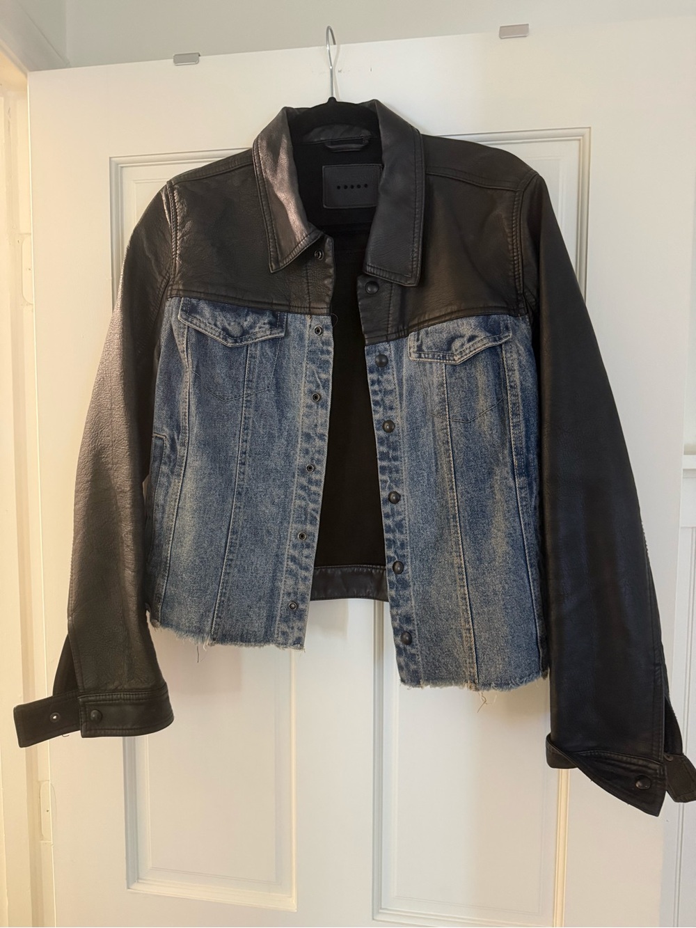Blank NYC Black and Blue Mixed-Media Leather and Denim Jacket